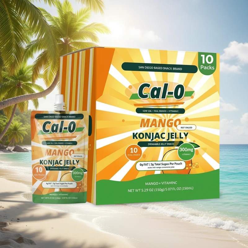 Cal-0 Mango Konjac Jelly 10-pack box and mango pouch