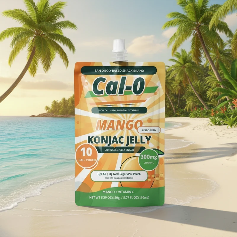 Front of the Cal-0 mango konjac jelly pouch